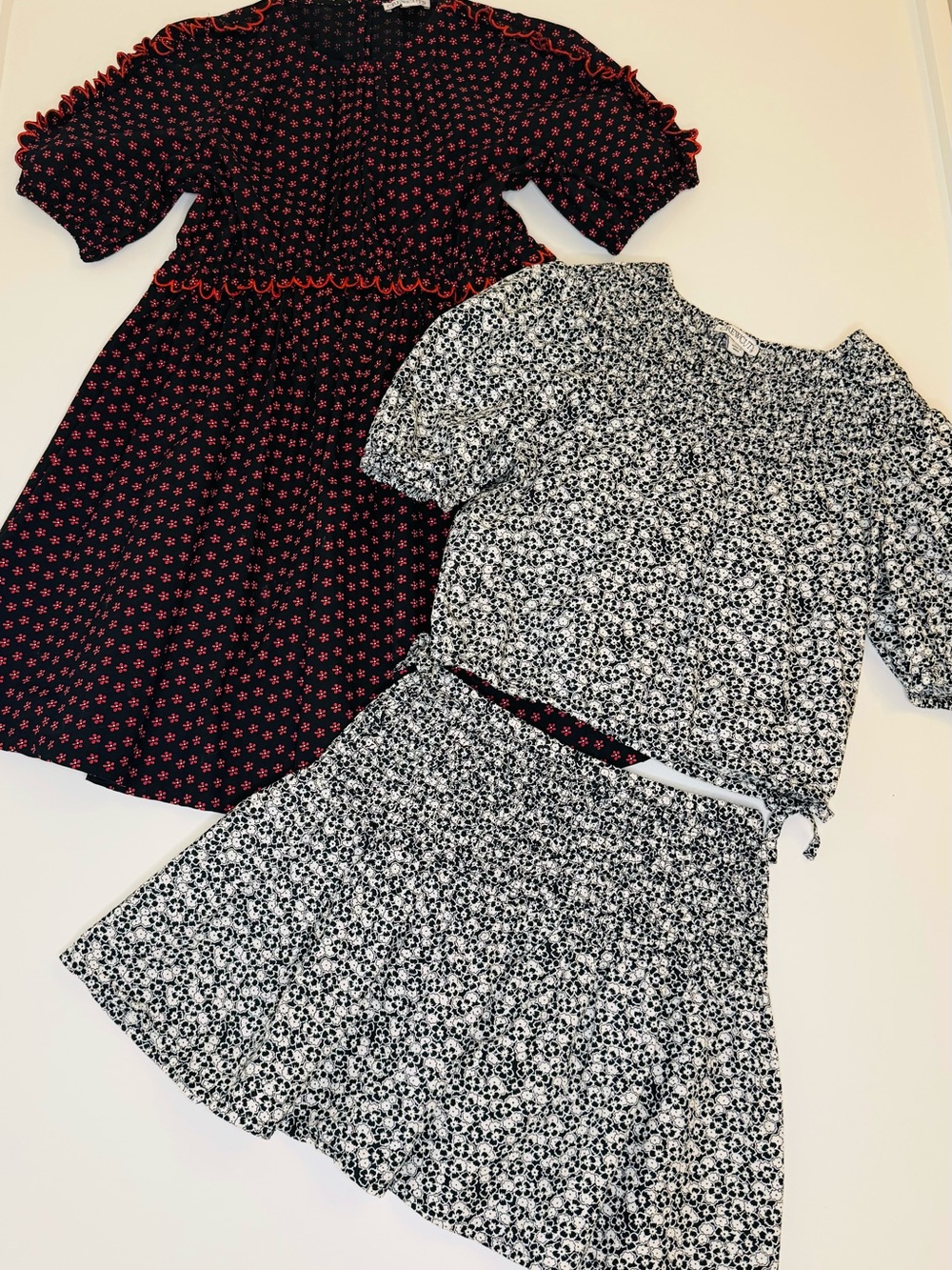 Crewcuts Navy Dress with Red Star Print & Black-White Floral Top and Skirt Set
